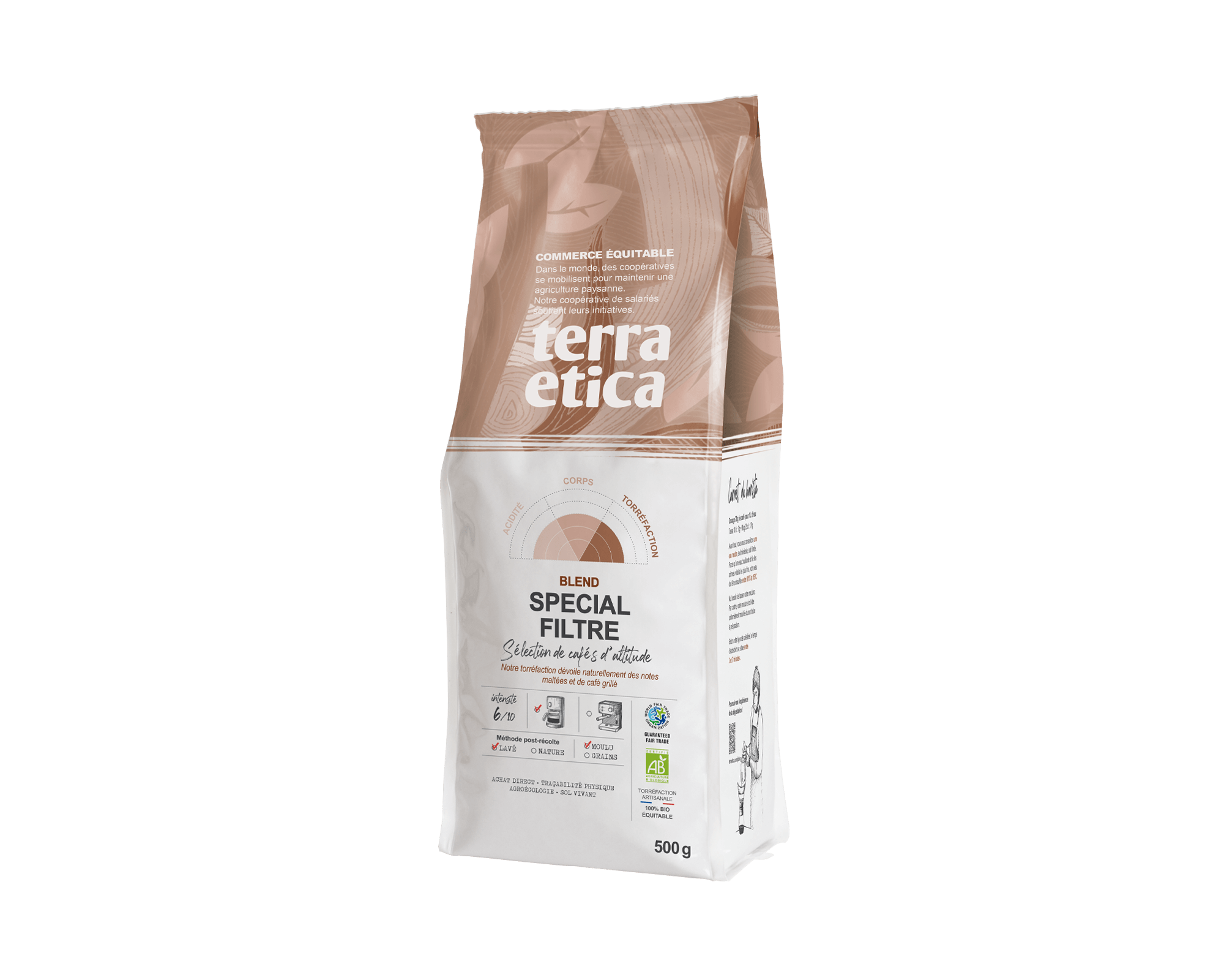 Mélange blend café arabica spécial filtre bio et issu du commerce équitable - paquet 500 gr