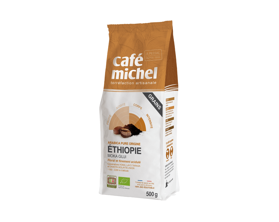 Café torréfié pur arabica Bio en grains Moka Dulli d'Ethiopie 1kg